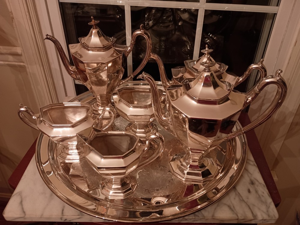 REED & BARTON "SIERRA" NEO CLASSICAL FULL COFFEE DECAF TEA SERVICE POT SET, 7pc
