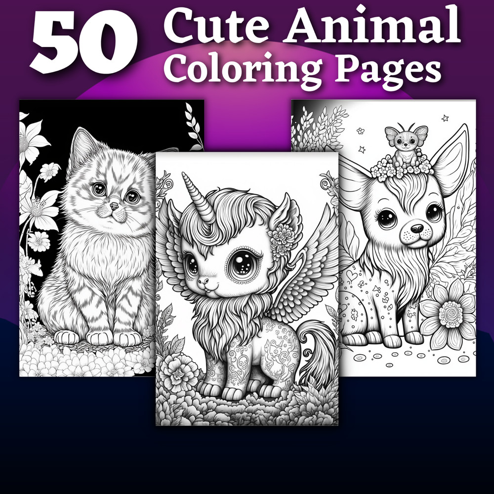 50 Cute Animals Coloring Pages Printable & POD Permit