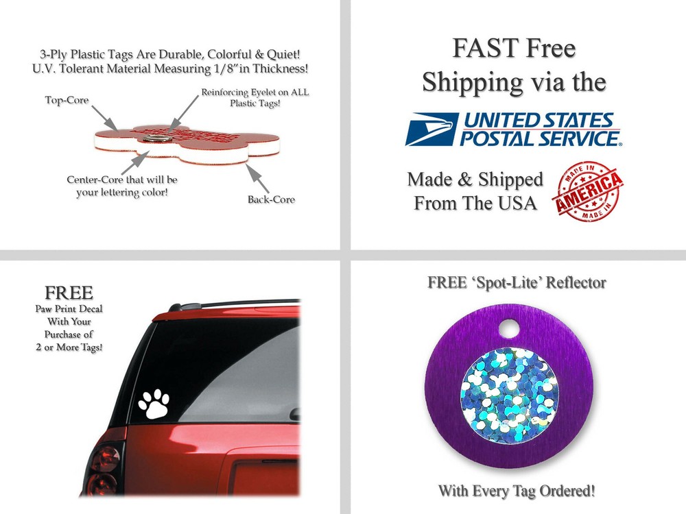 Pet ID Tags Custom Engraved Plastic Dog/Cat Lightweight Quiet Identification