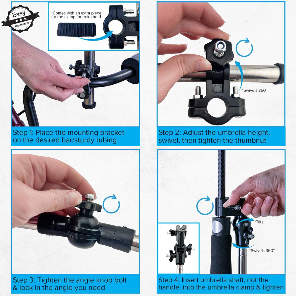 Alveytech Universal Grip Umbrella Holder - 360° Angle Adjustable Attachment Clam