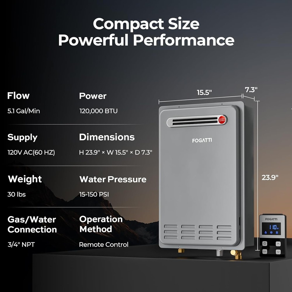 FOGATTI 5.1 GPM Outdoor Tankless Water Heater Propane Gas 120,000 BTU Instant