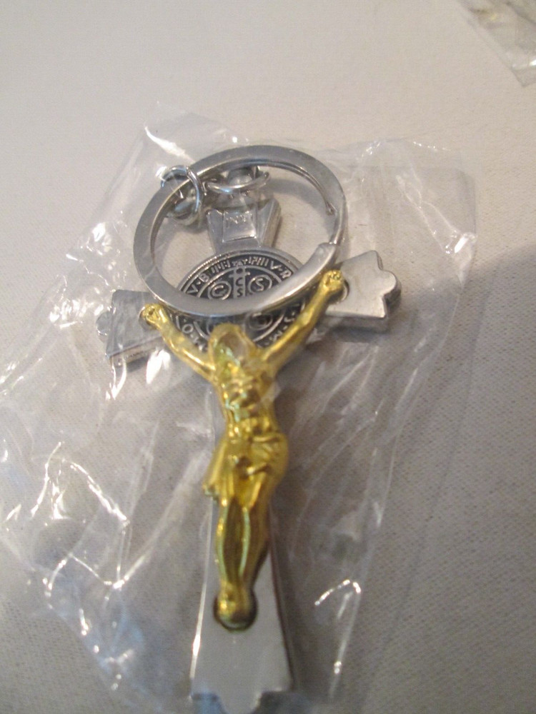 CRUCIFIX SILVER TONE AND GOLD TONE KEYCHAIN