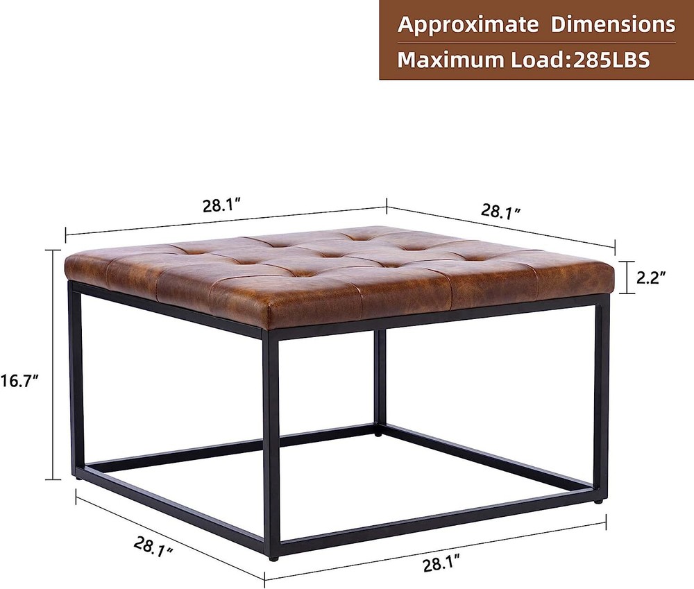 Upholstered Square Ottoman Coffee Table, Modern Tufted Ottoman with Metal Base