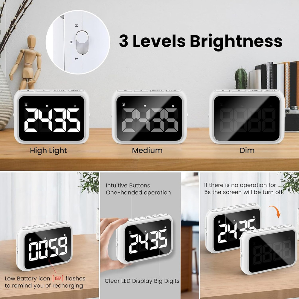 USB Rechargeable Loud Digital Kitchen Timer with Large LCD Display & Adjustable