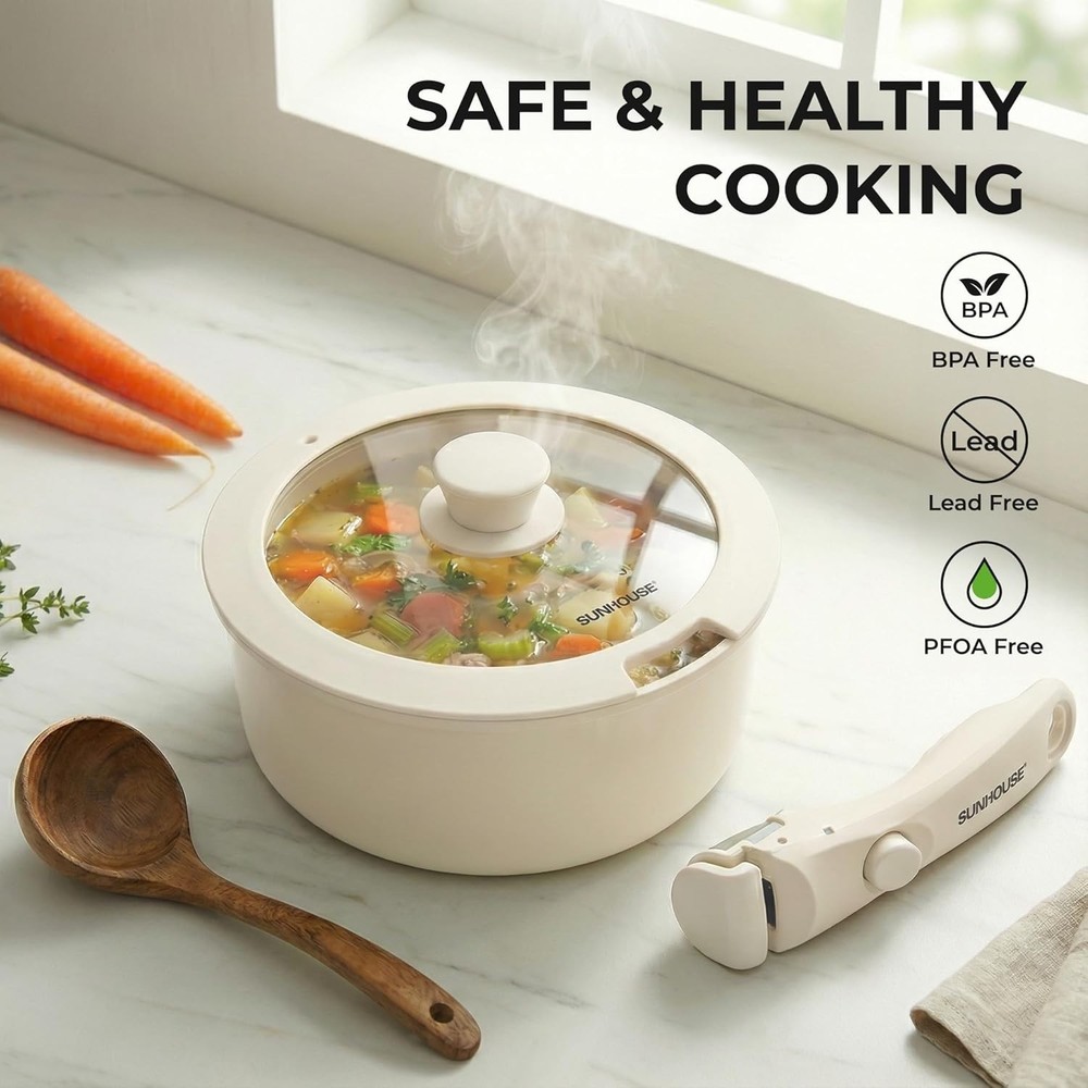 5-Piece Ceramic Nonstick Cookware Set with Detachable Handle White