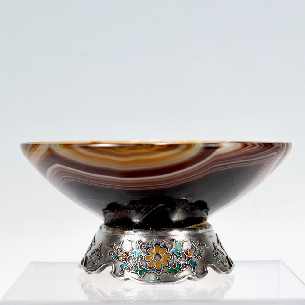 Old or Antique Enameled Austrian Silver & Agate Bowl.