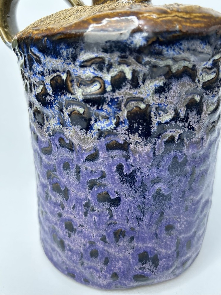 Art Pottery Jug Textured Purple Glazed Handle Primitive Signed Oliver