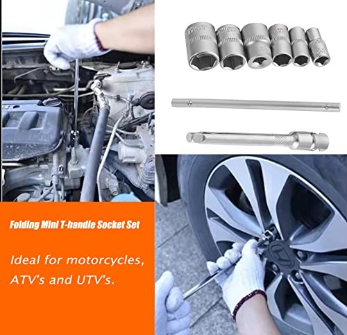 Folding Mini T-Handle Socket Set 1/4'' Drive Tool Kit for Motorcycle ATV UTV,