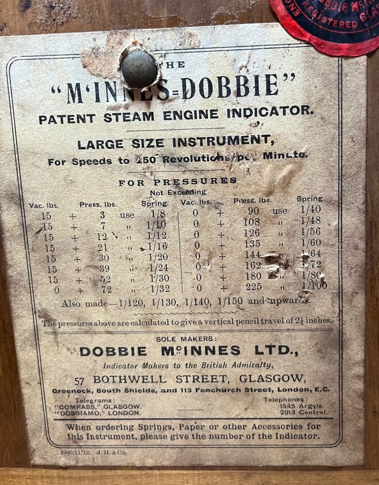 McInnes-Dobbie PATENT Steam Engine Indicator, Pattern A, Glasgow 1900’s.