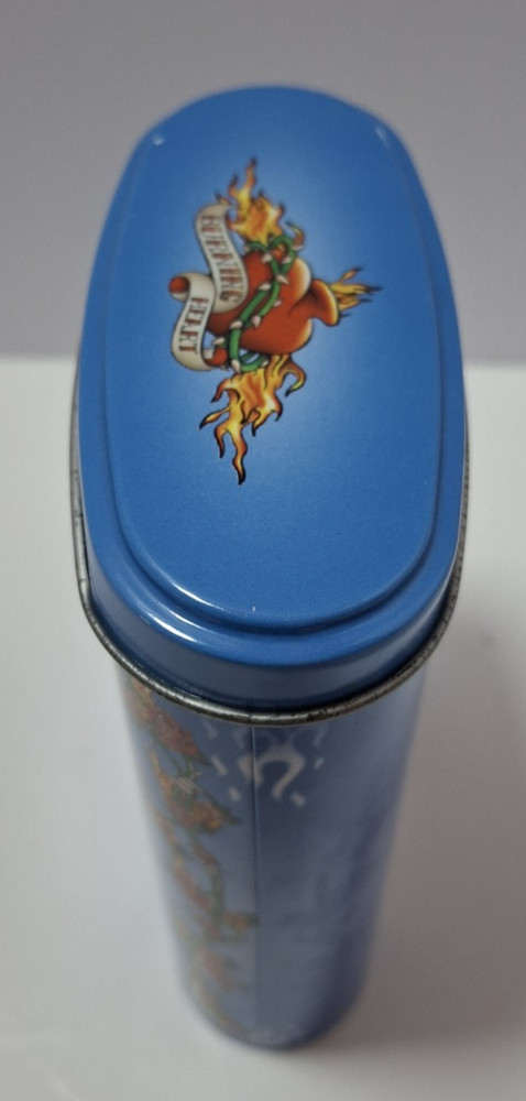 Burning Heart Tin Container & Lid Blue Hearts Roses Flames Oblong Empty