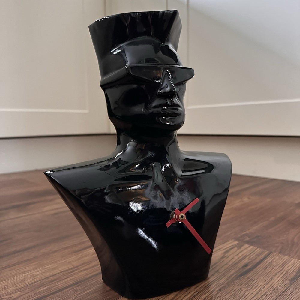 Large 1980s Postmodern Ceramic Bust Mantel Clock Black Sunglasses Design