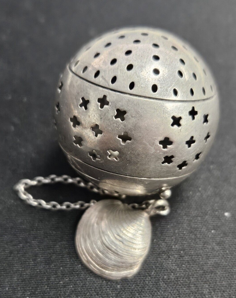Sterling Tea Infuser Strainer Pierced seashell holder WATROUS
