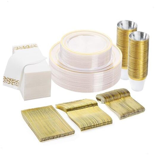 175PCS Disposable Dinnerware Set for Plastic Plates for 25 Guests Clear Gold