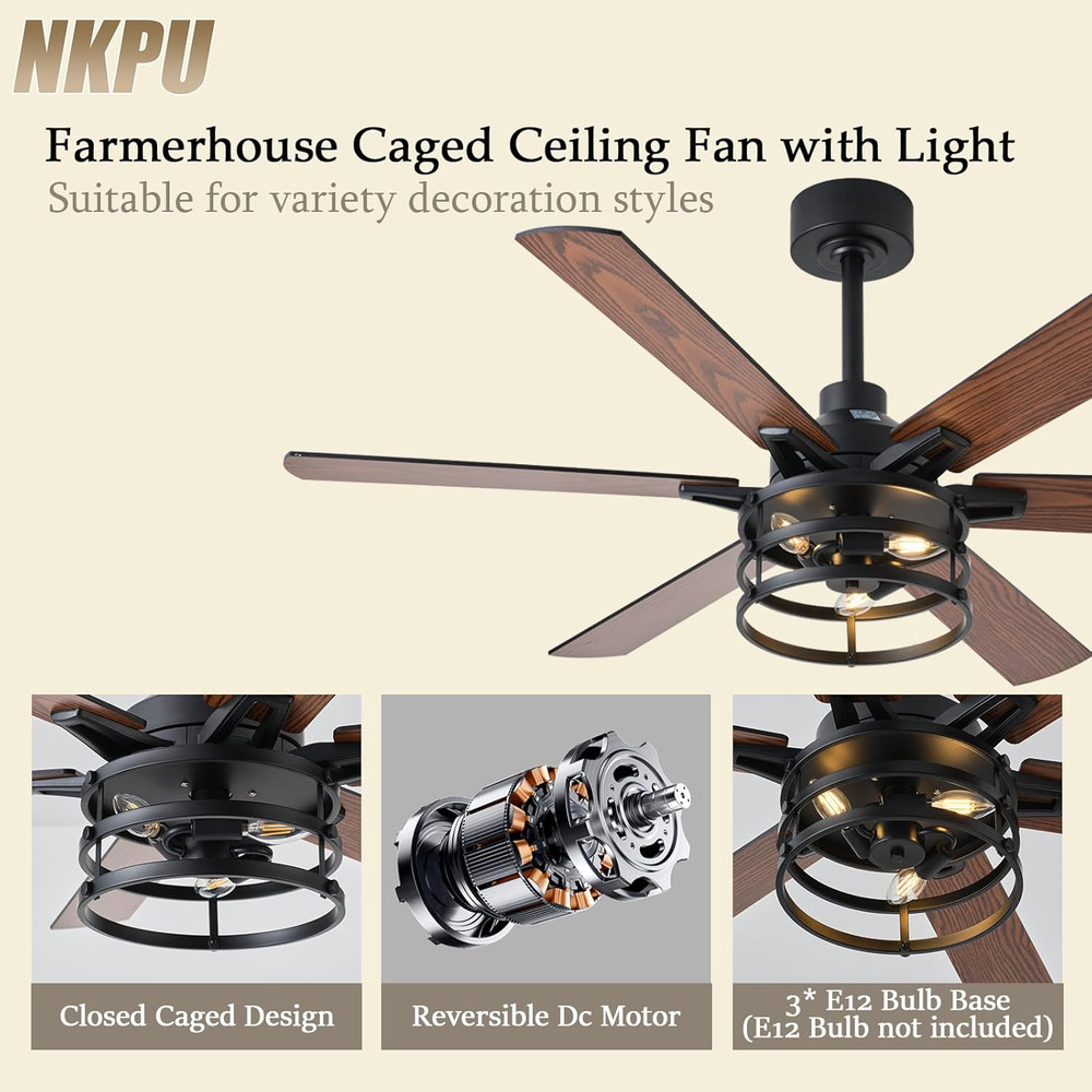 Rustic 52" Farmhouse Ceiling Fan with Light & Remote, 6-Speed Reversible Motor