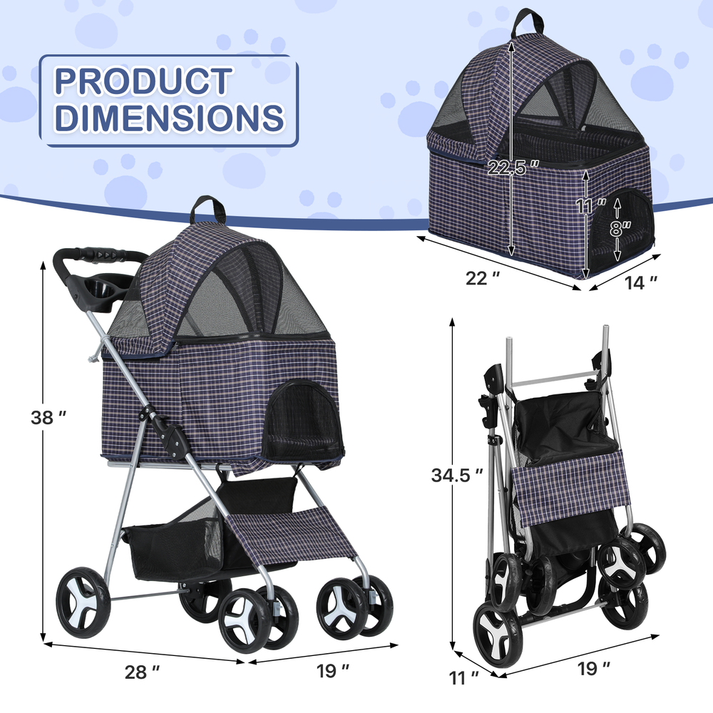 4 Wheels Pet Stroller Foldable Cat Cage Puppy Stroller Storage Basket+Cup Holder