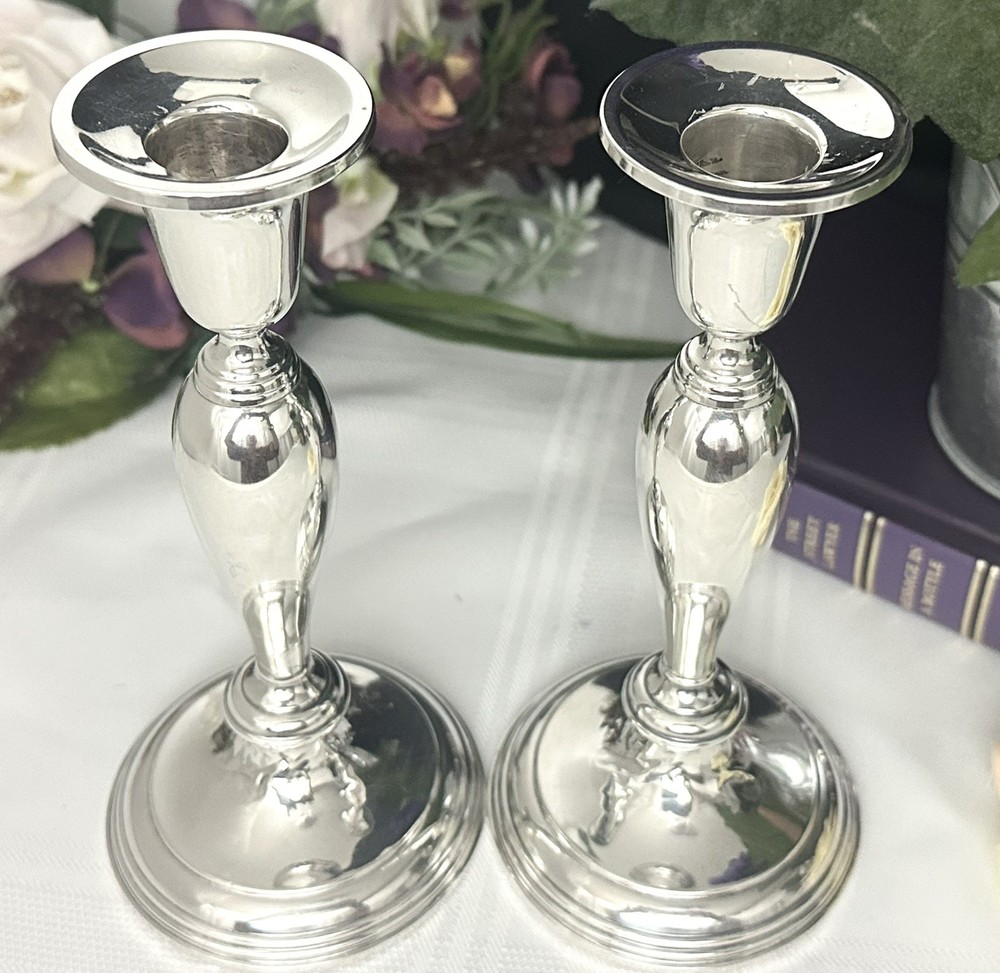 Sterling Silver Candle Holders Vintage .925 Silver Dinner Candlesticks - Pair
