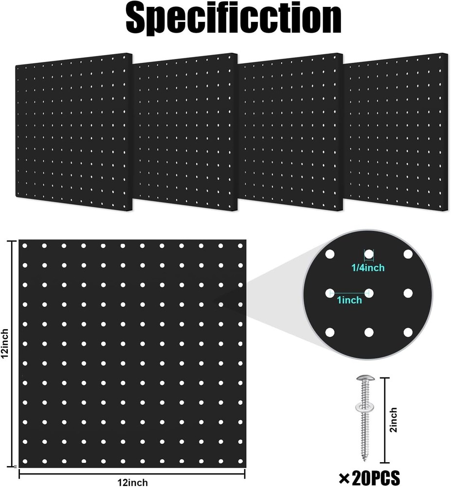 Peg Board, 4 Pack Metal Pegboard Panels Black Pegboards Wall 4PCS-Black