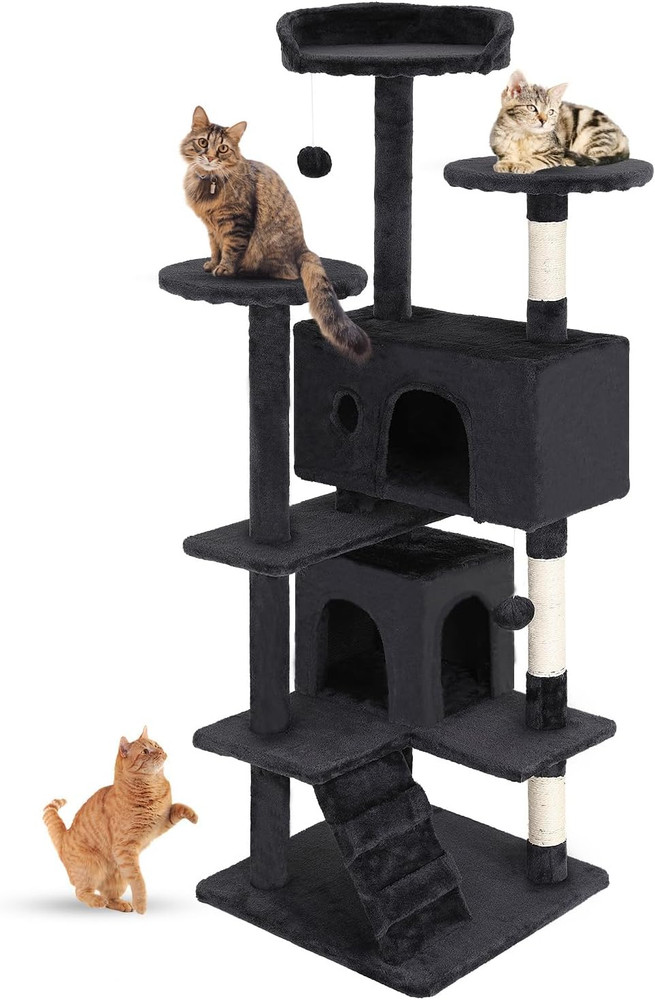 54" Dark Gray Cat Tree Tower with Multi-Level Perches and Scratching Posts