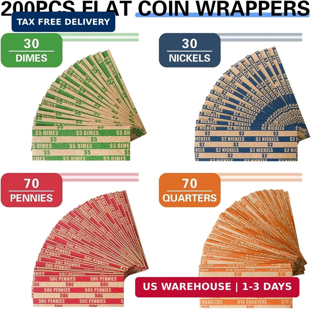 ESSENTIAL 200 Pcs Assorted Packed Flat Stripped Coin Wrappers, Coin Rolls Wrappe