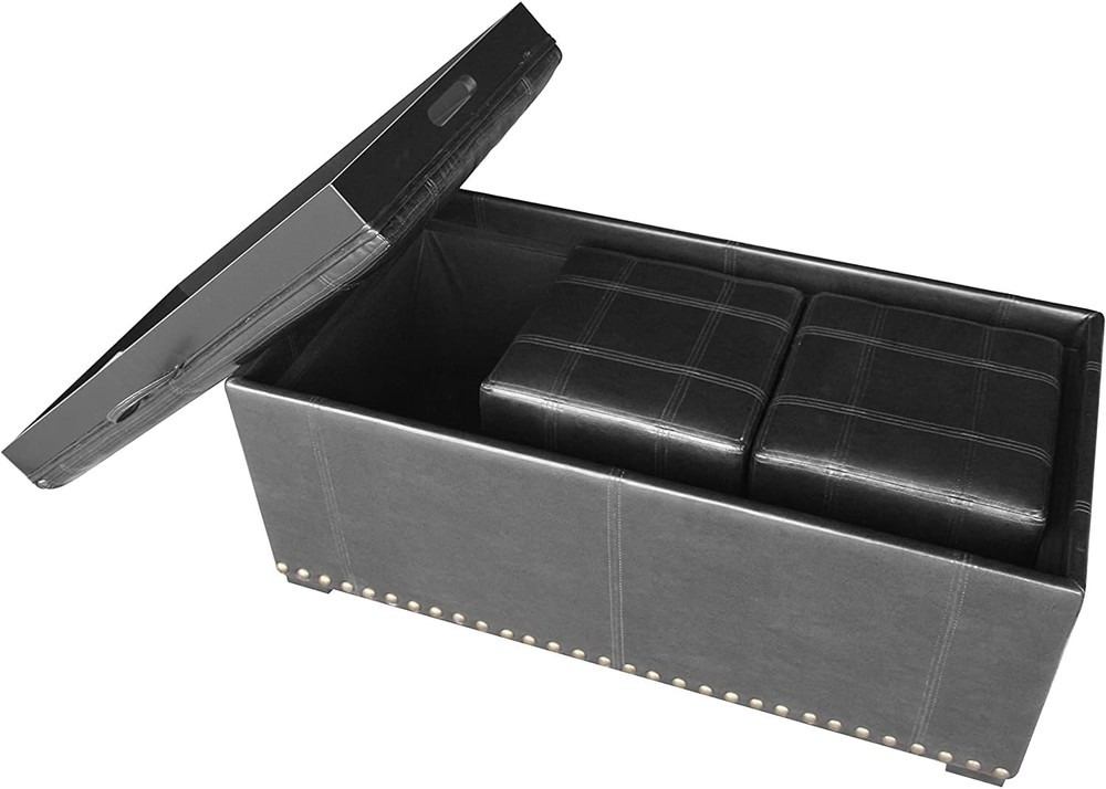 Leather Storage Bench with 2 Side Ottomans Convertible Table Black