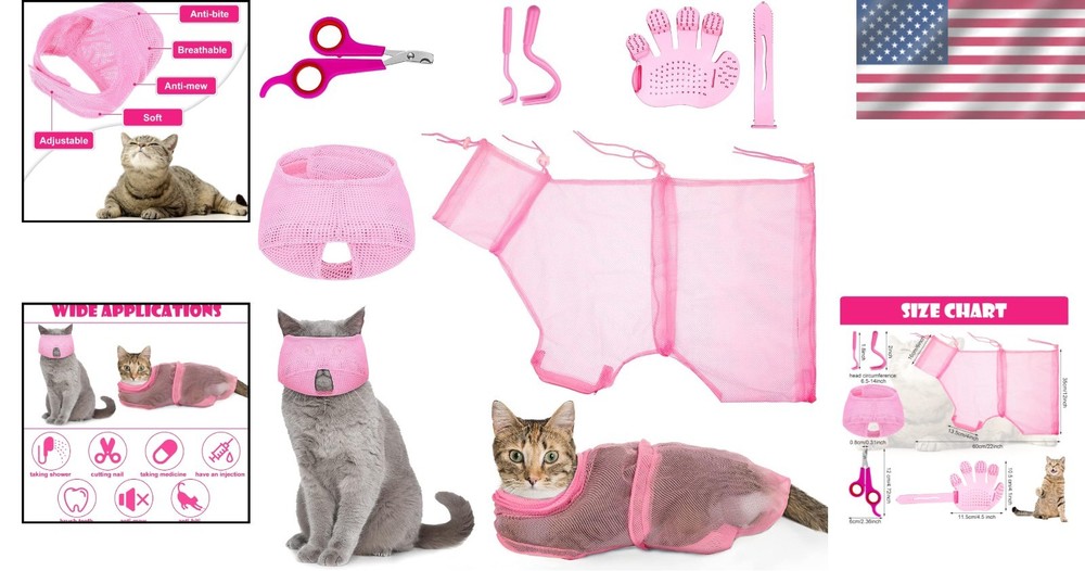 Pink Cat Bathing Set: 5 Essential Tools including Muzzle & Grooming Bag - Large
