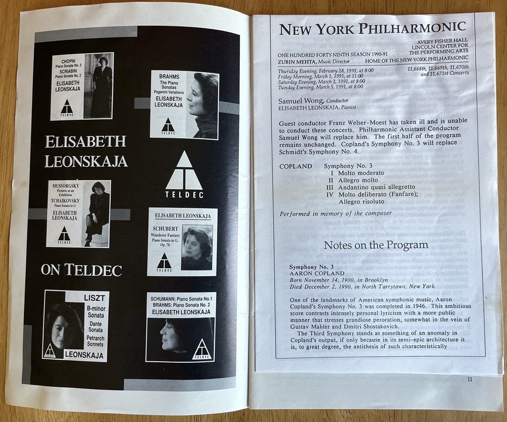 Pianist Elisabeth Leonskaja Autograph Program N.Y. Philharmonic