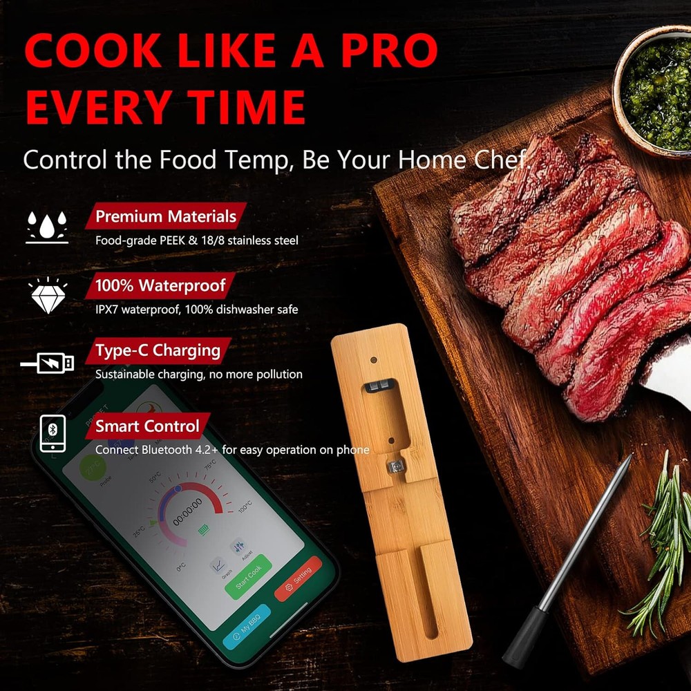 Probe Temp Extended Range Wireless Bluetooth Smart Meat Thermometer