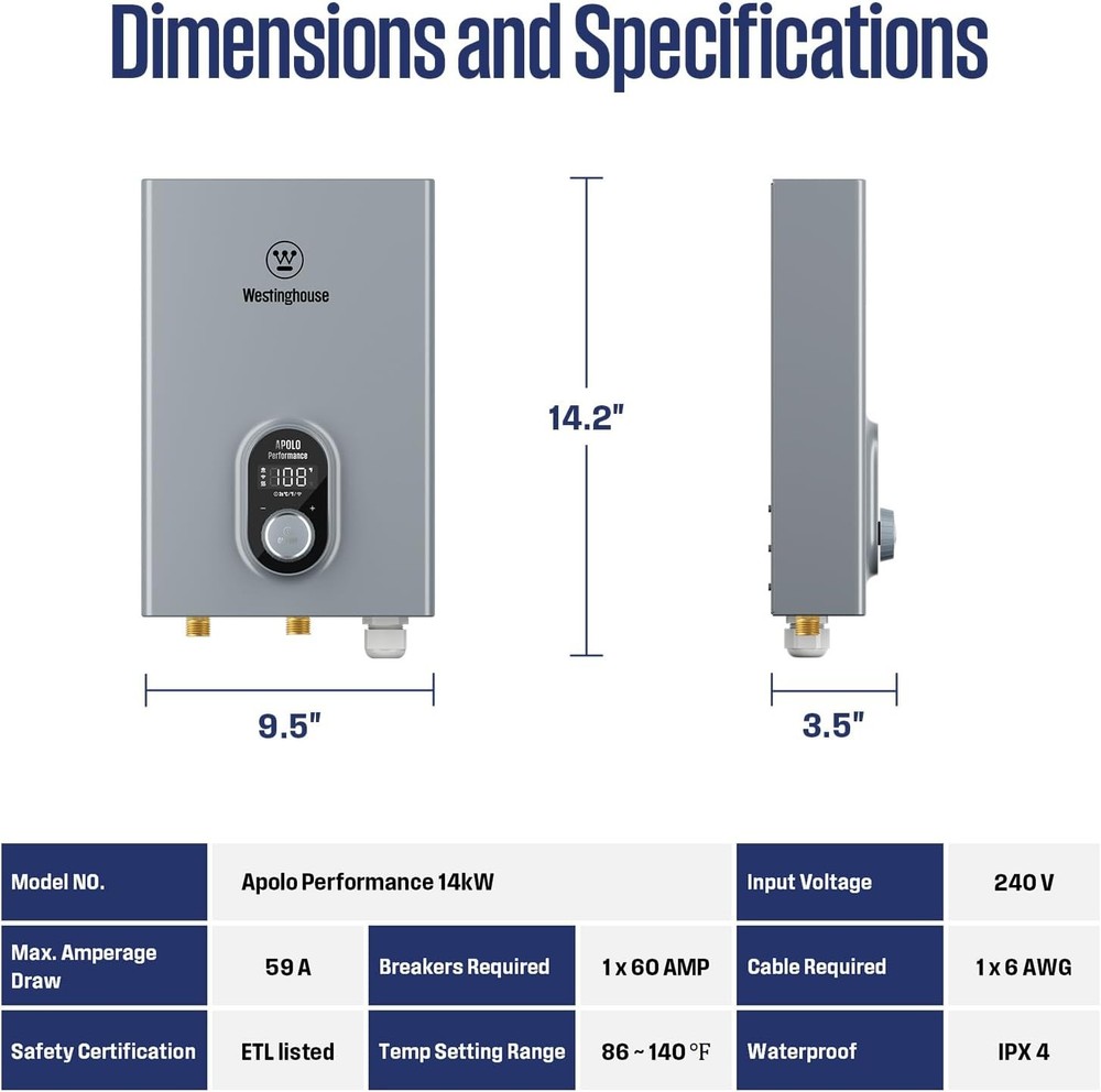 Westinghouse 14kW Tankless Water Heater Electric Smart WiFi Control 【90% NEW】