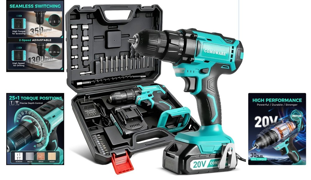 Powerful 20V Cordless Drill with Keyless Chuck & LED Light for Precision Work