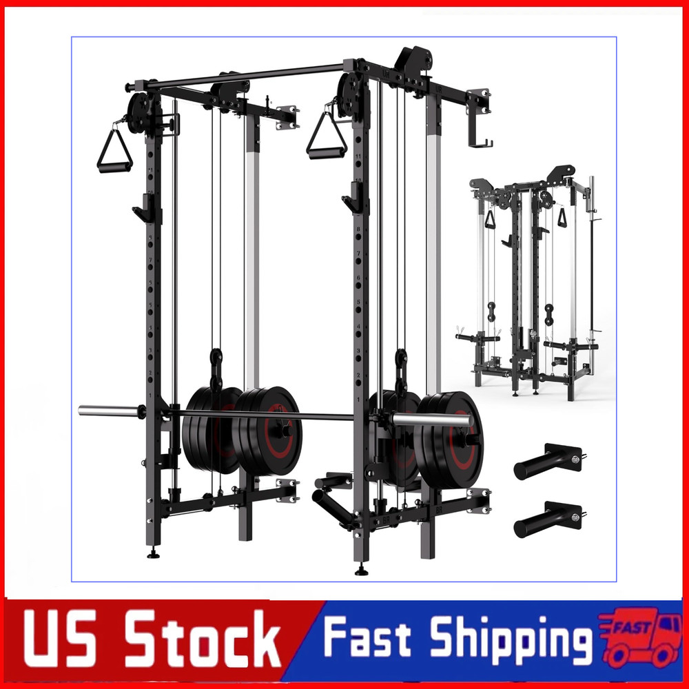 Wall Mount Smith Machine, Power Rack with Independent Dual Pulley System Workout