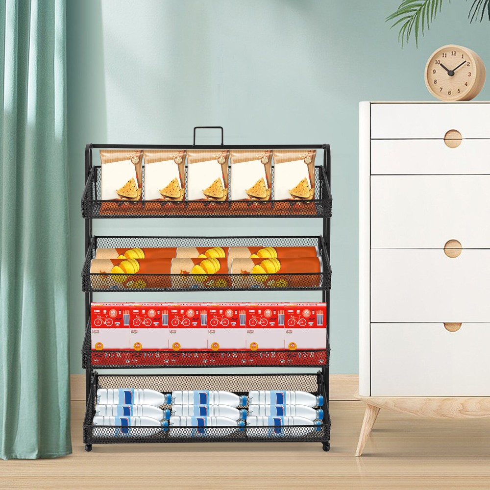 4-Tier Iron Display Rack for Retail Snacks and Candy Organization, Black