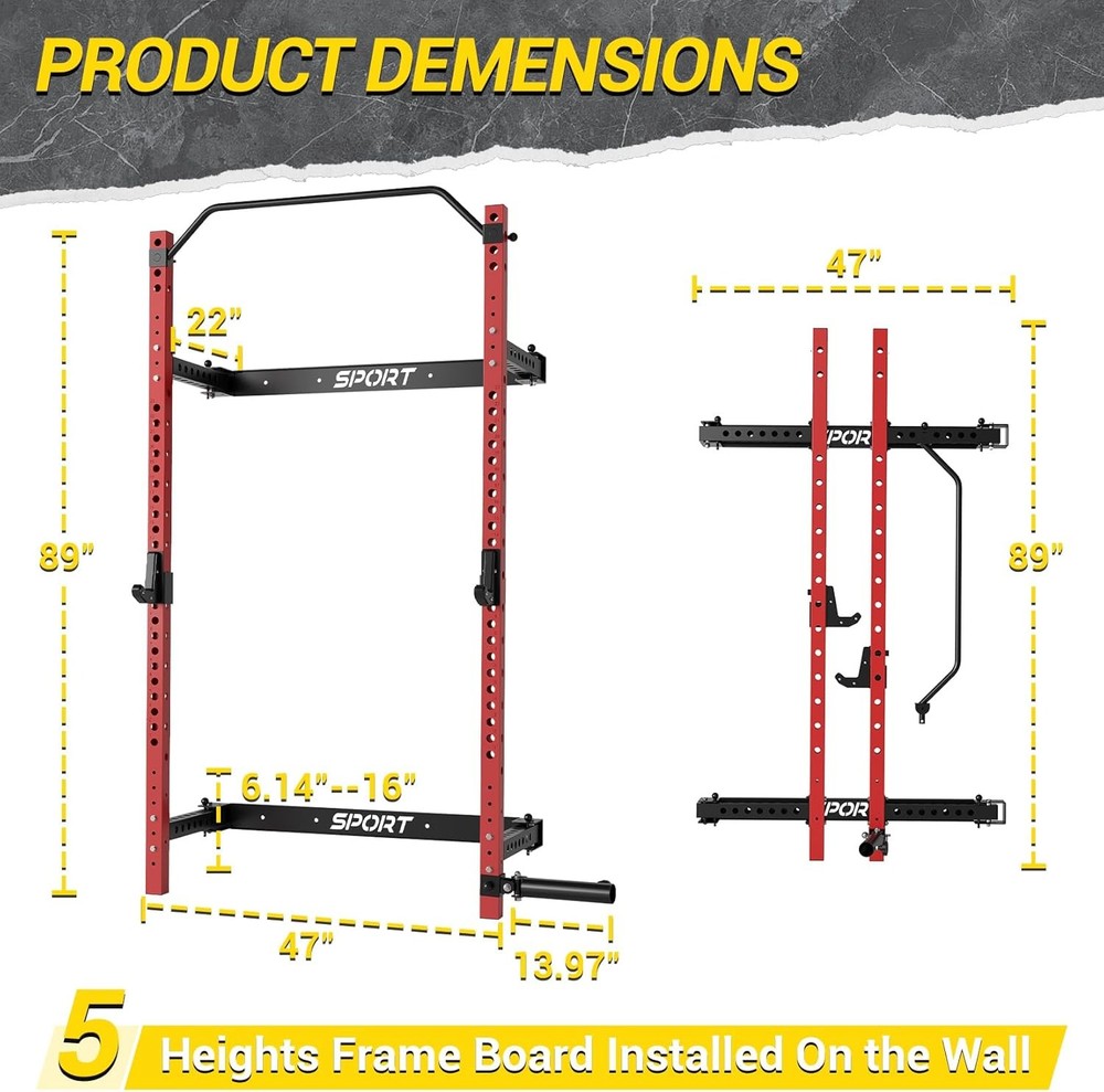 Foldable Squat Rack 1000 LBS Space-Saving with Pull Up Bar & J Hook & Landmine