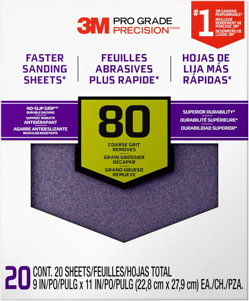 Advanced Sandpaper, 20 Sheets, 80 Grit,  Pro Grade Precision, Features No-Slip G