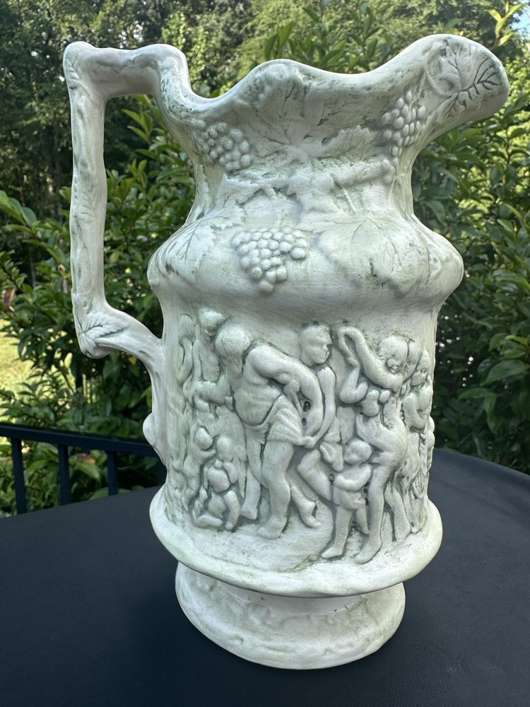 Vintage Ceramic Pitcher Raised Figures & Grape Vines Artist Signed & Dated 1971