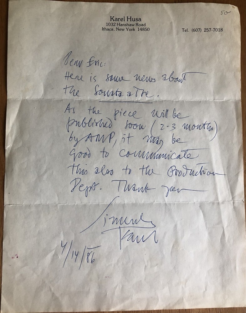Czech Composer Karel Husa Autographed Letter (Handwritten)
