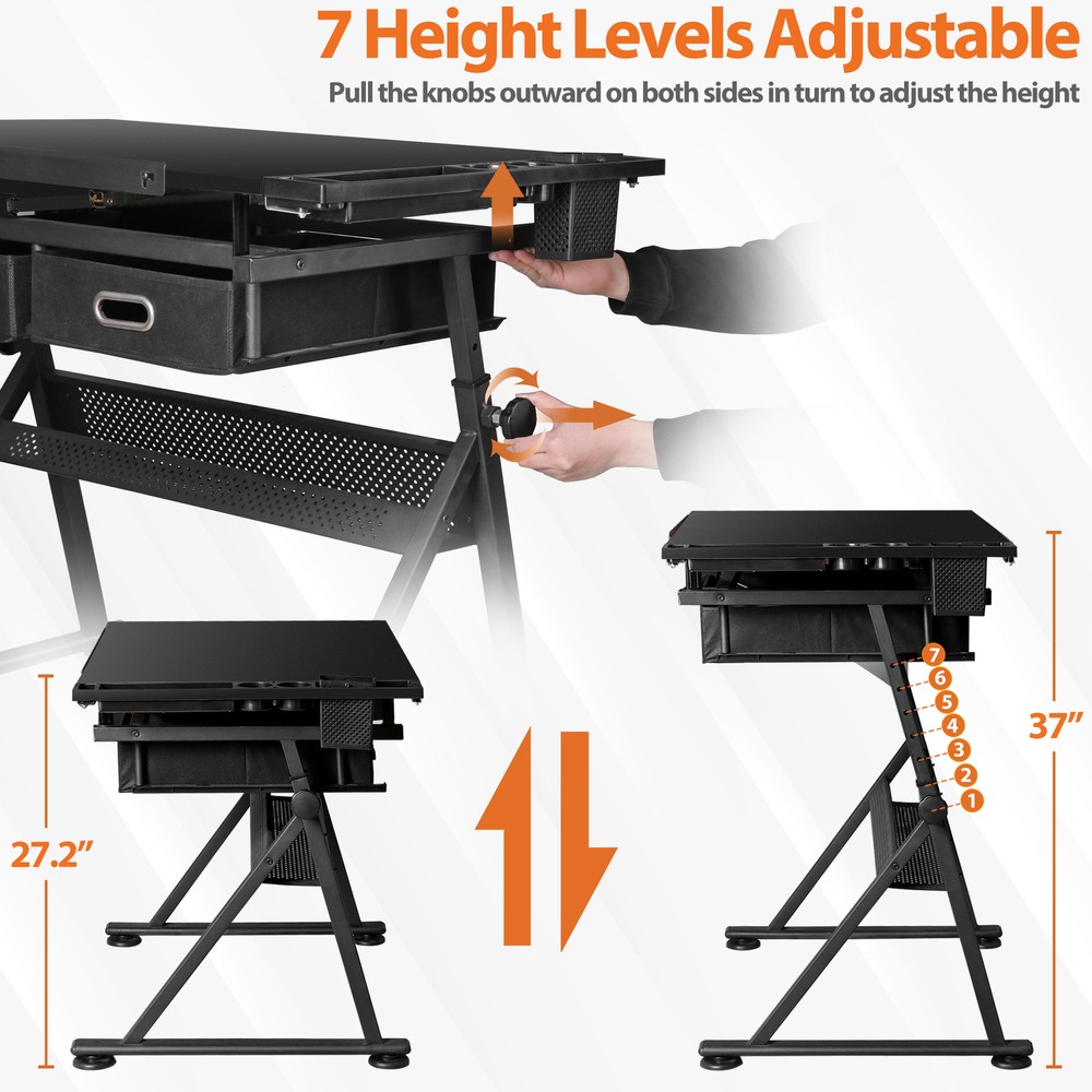 Adjustable Drafting Table with Outlet Artist Drawing Table with Stool Black