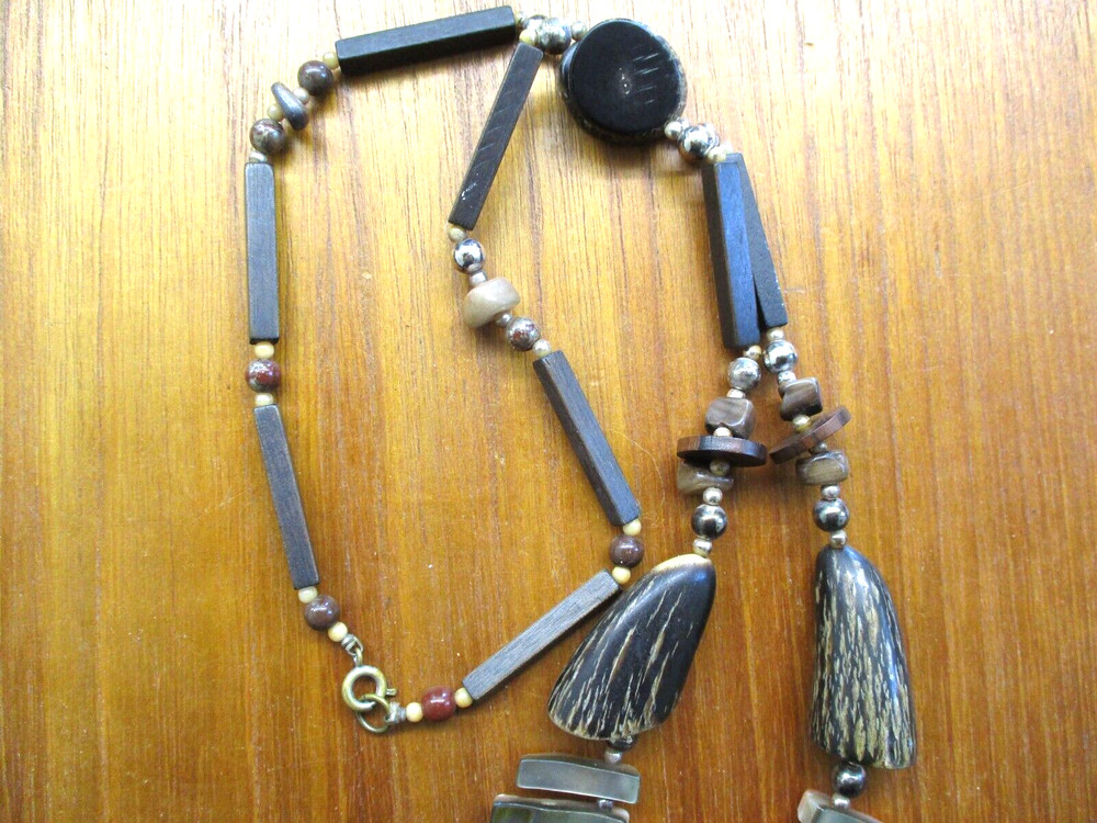Vtg Abalone Shell Necklace Antler Beads Surfer Boho Style 1970s Rustic 24"