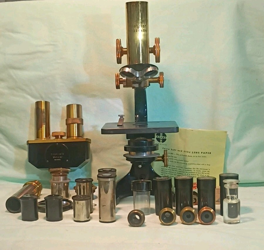 Vtg 1925 Ernst Leitz Wetzlar Microscope both Binocular & Single & Case & Optics