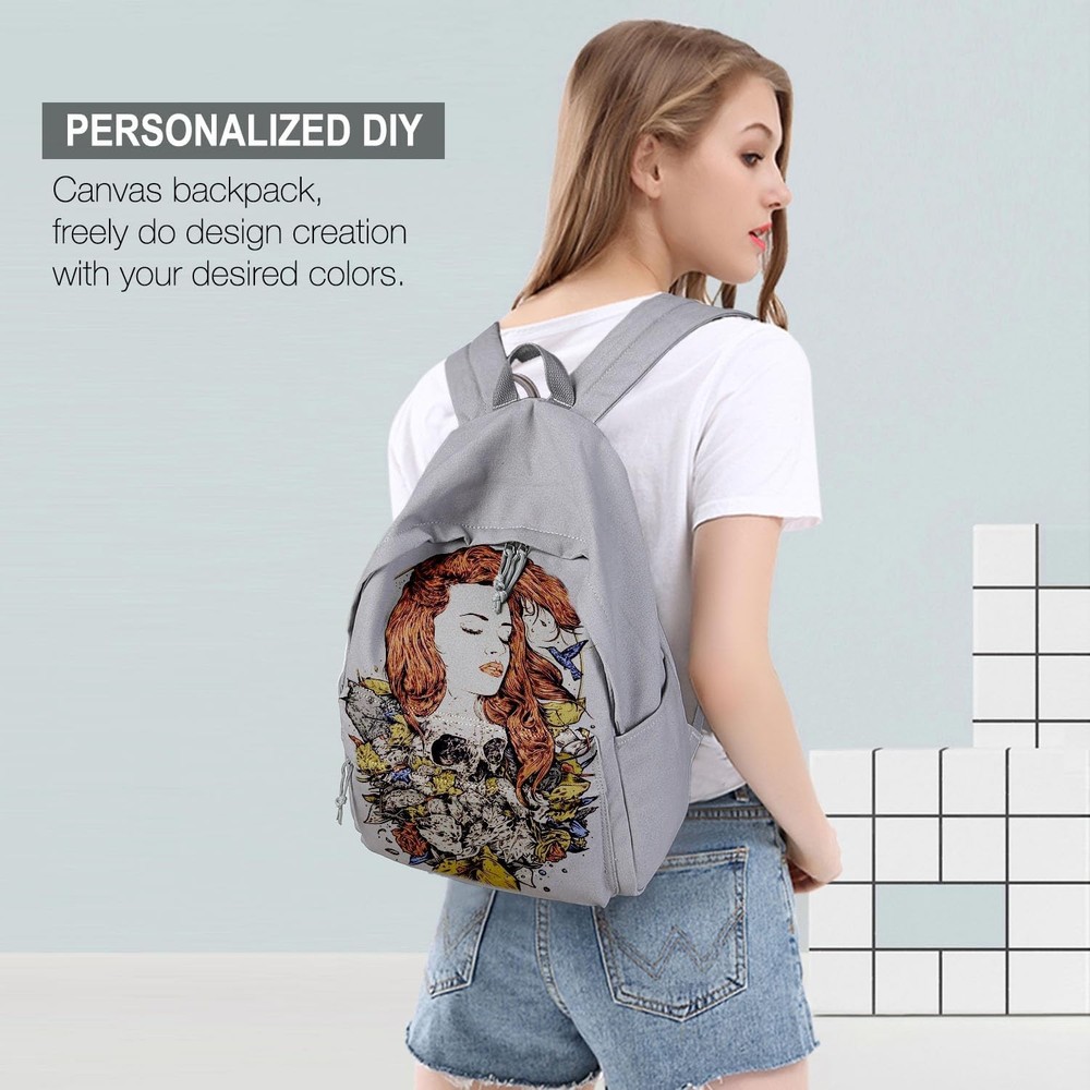 Zicac Diy Canvas Backpack Daypack Satchel Backpack (Grey, with Side Pocket)