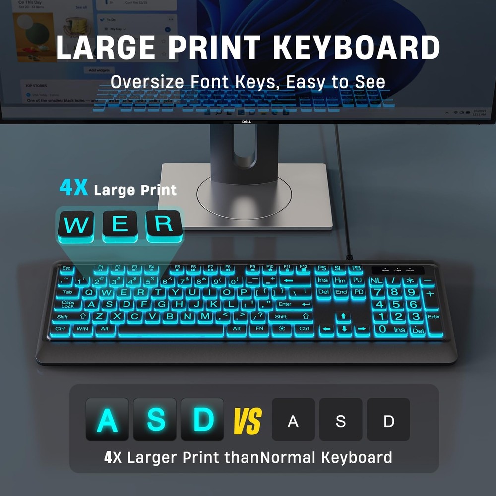 Large Print Backlit Computer Keyboards, 7 Colors Backlight USB Keyboard, Plug...