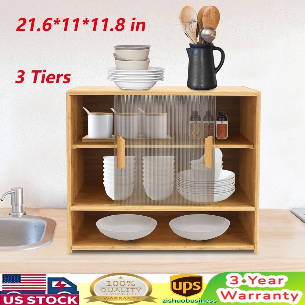 Kitchen Sideboard Bamboo Storage Cabinet with 2 Sliding Door Cupboard Sideboard