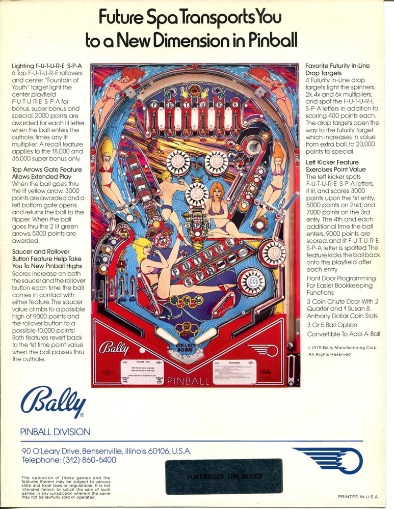 Future Spa Bally Pinball Flyer / Brochure / Ad - Mint Condition