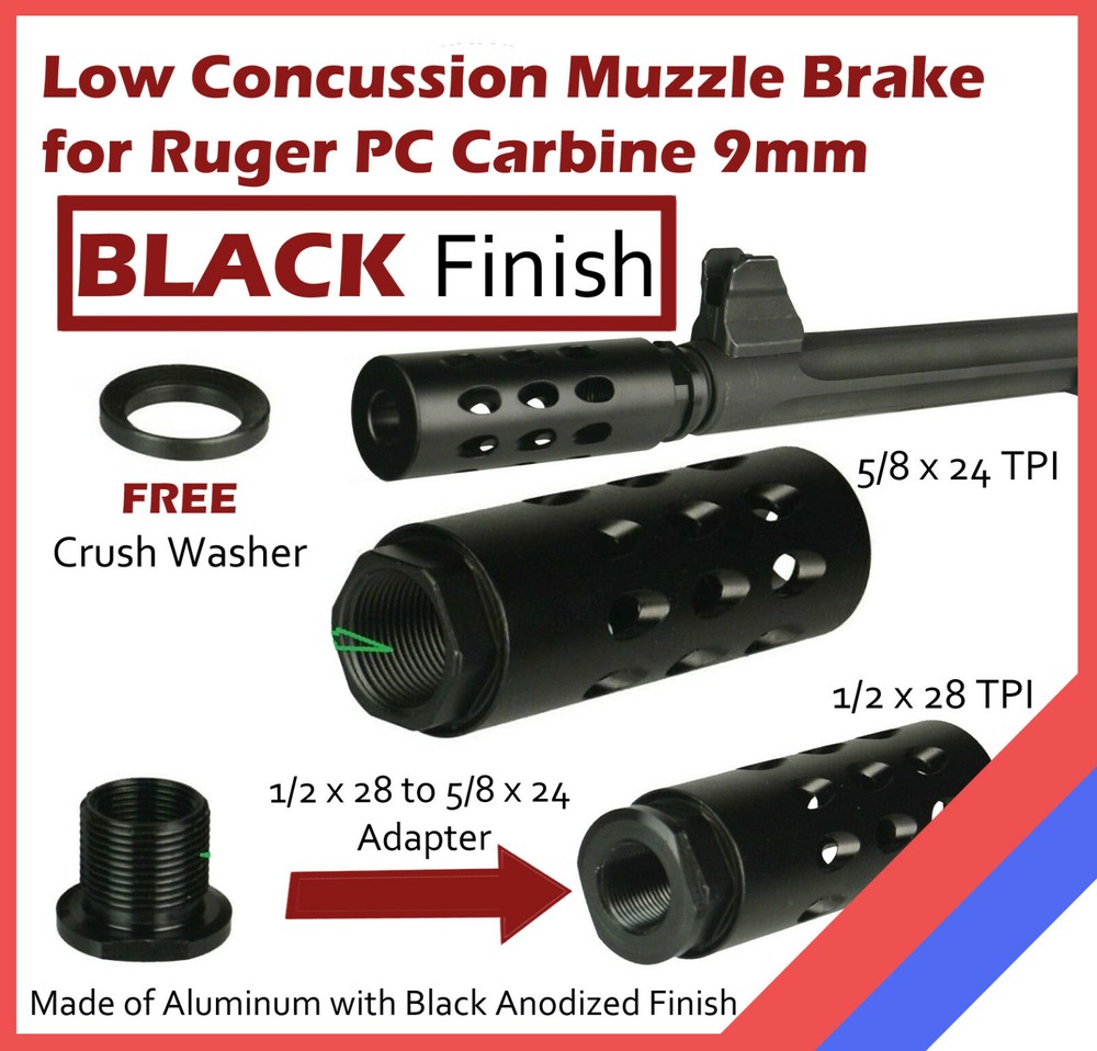 BLACK Ruger PC Carbine 9 mm Muzzle Brake Low Concussion+Thread Adapter and crush