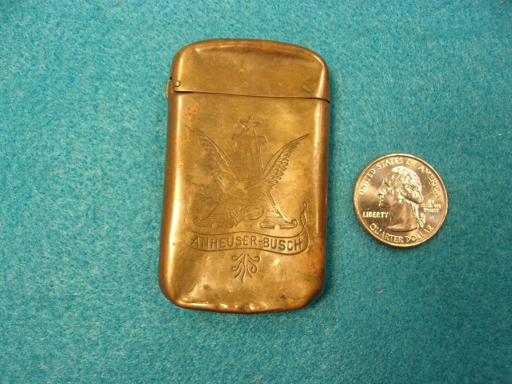 EXTREMELY RARE OLD VTG ANTIQUE SOLID BRASS "ANHEUSER BUSCH" MATCH SAFE / VESTA