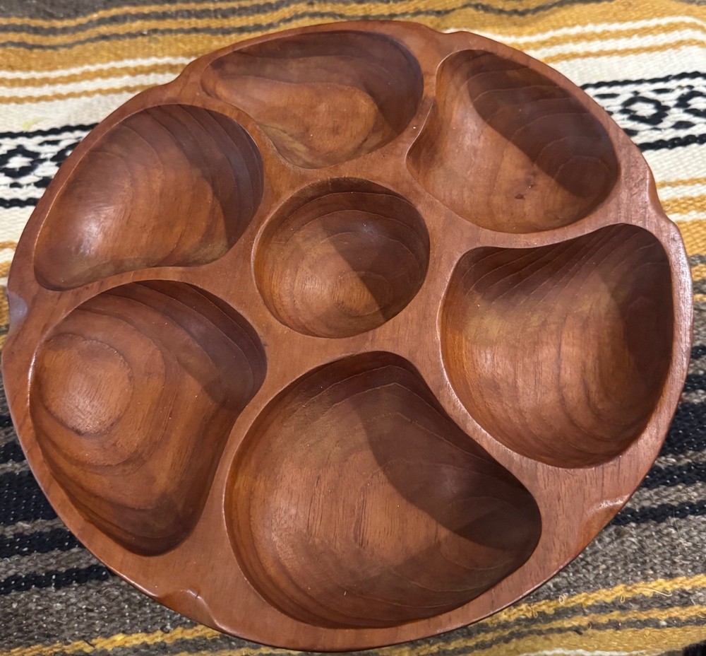 Vintage 7 Compartment Teak Mid-Century Rotating Serving Bowl