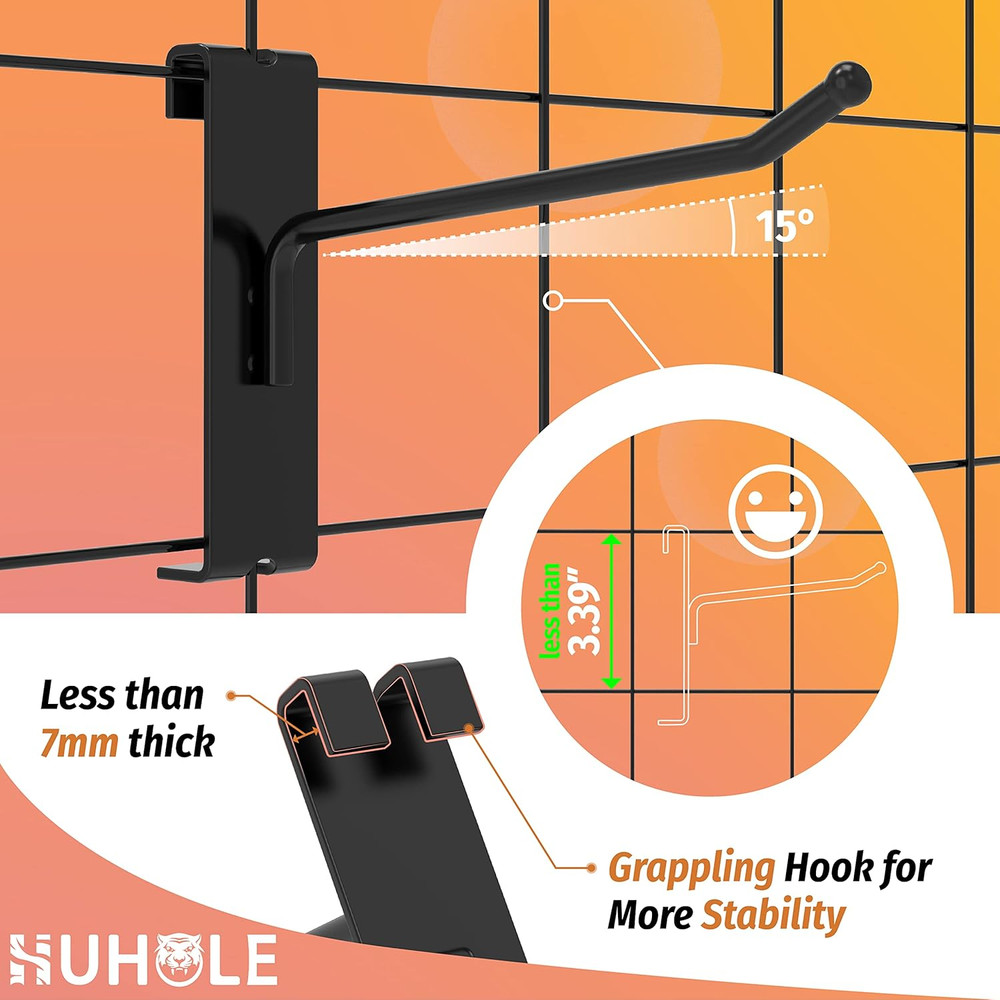 HUHOLE 32 Pack 6 Inch Gridwall Hooks for 3"X3" Wire Grid Panel – Black Heavy Dut