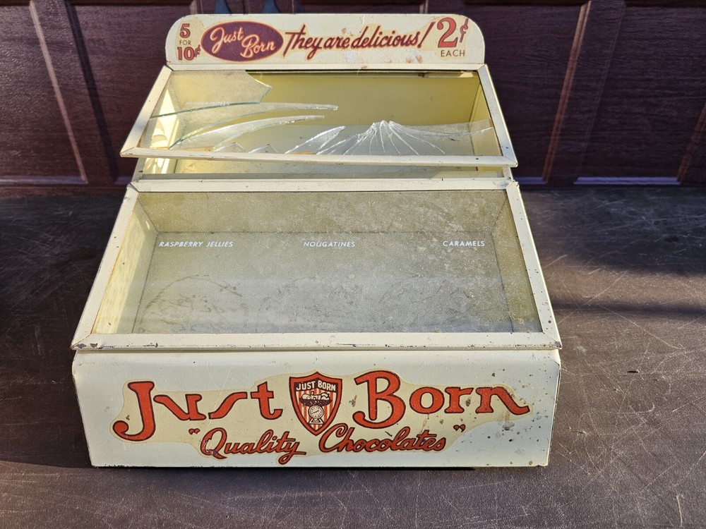 Antique Just Born Quality Chocolates Store Display.  Glass Damage