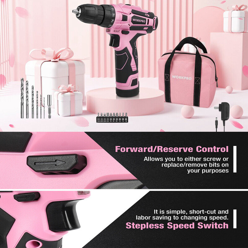 WORKPRO 12V Cordless Drill Driver Set 3/8" Keyless Chuck Screwdriver Driver Pink