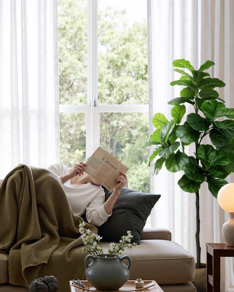 Artificial Fiddle Leaf Fig Tree 6FT - Large Fake Tree with White Planter & Bask