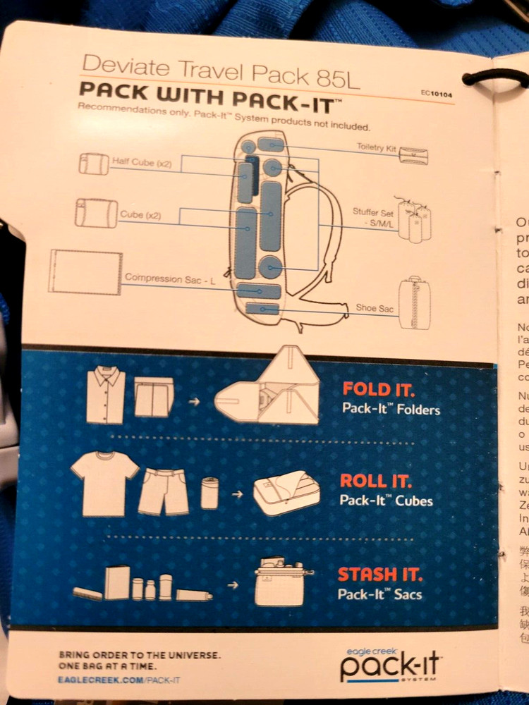 BRAND NEW W/TAGS EAGLE CREEK DEVIATE TRAVEL PACK 85L BLUE + ZIP OFF BACKPACK FS